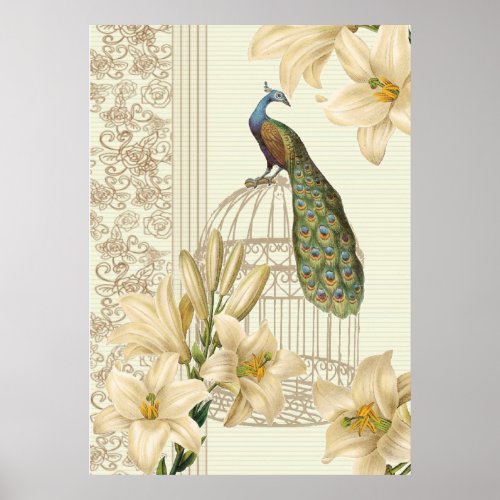 art nouveau  french lily vintage birdcage peacock poster