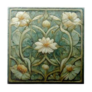 Art Nouveau, French White Floral, Decorative Blue Ceramic Tile