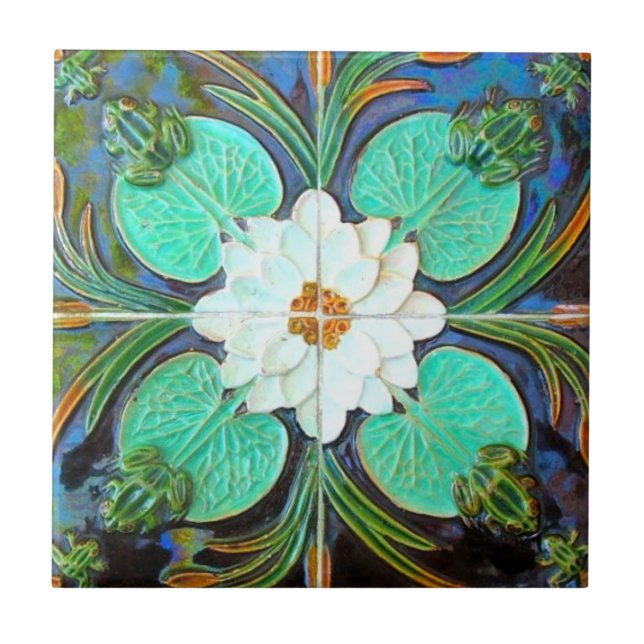 Art nouveau frogs and lily pad Azulejos vintage Ceramic Tile (Front)
