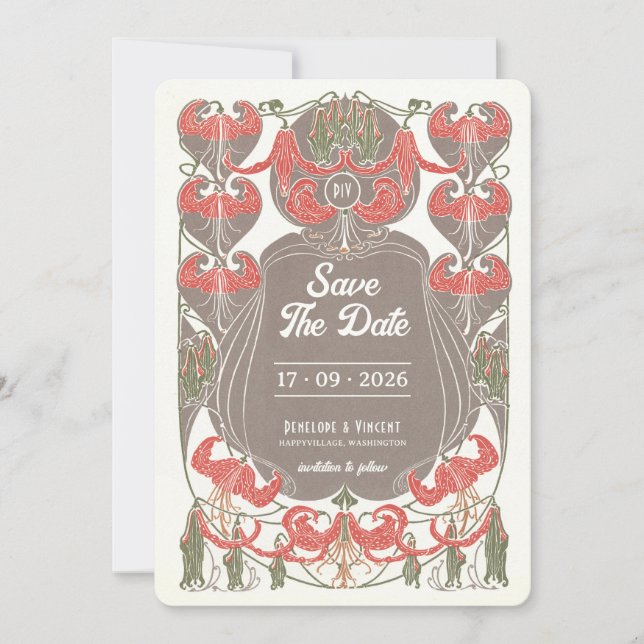 Art Nouveau Fuchsia Elegance Save the Date Invitation (Front)