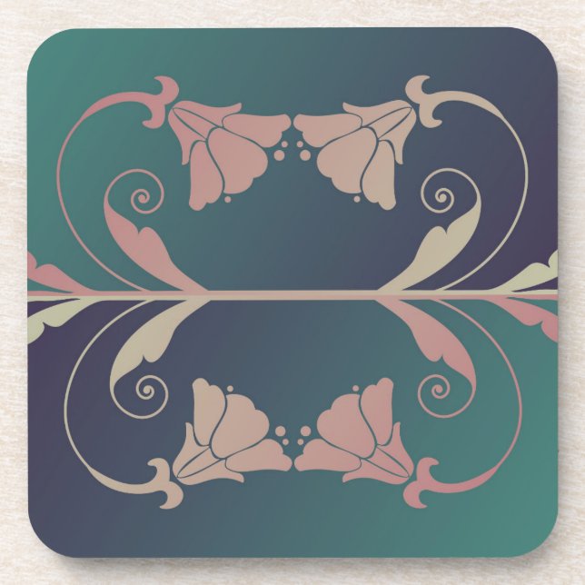 Art nouveau fuschia flower pink blue green elegant beverage coaster (Front)