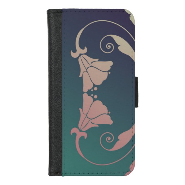 Art nouveau fuschia flower pink blue green iPhone wallet case (Front)