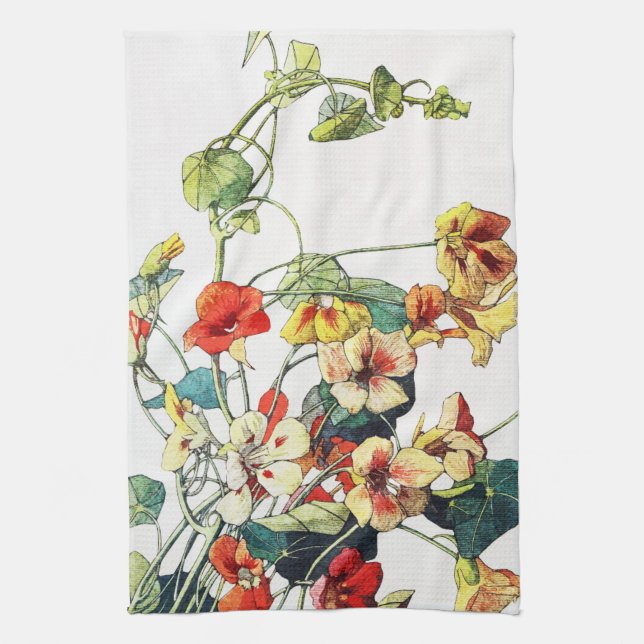Art Nouveau Garden Nasturtium Flowers Kitchen Towel (Vertical)