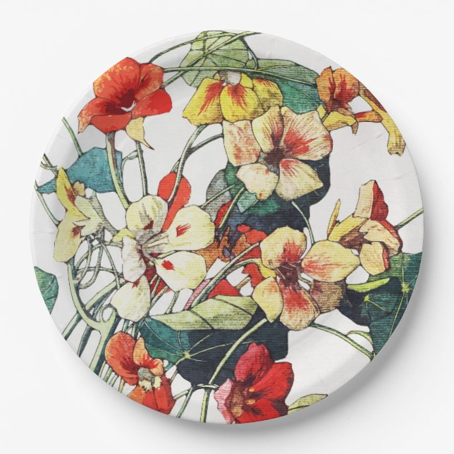 Art Nouveau Garden Nasturtium Flowers Paper Plates (Front)