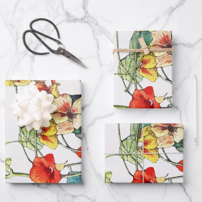 Art Nouveau Garden Nasturtium Flowers Wrapping Paper Sheets (Front)