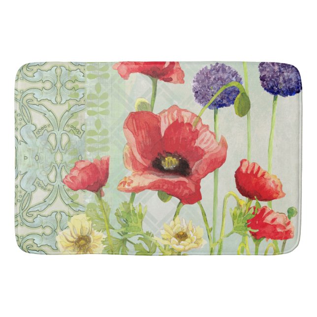 Art Nouveau Geometric Pattern Poppy Flowers Bath Bathroom Mat (Front)