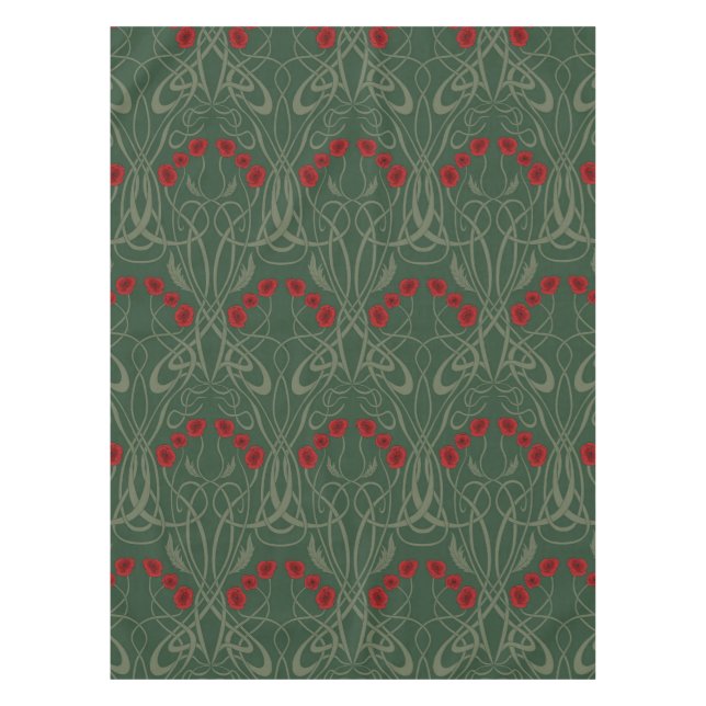 Art Nouveau Geometric Poppies and Sinuous Stems Tablecloth (Front)