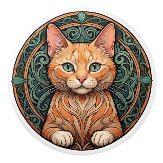 Art Nouveau Ginger Cat Ceramic Knob (Front)