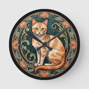 Art Nouveau Ginger Cat Round Clock