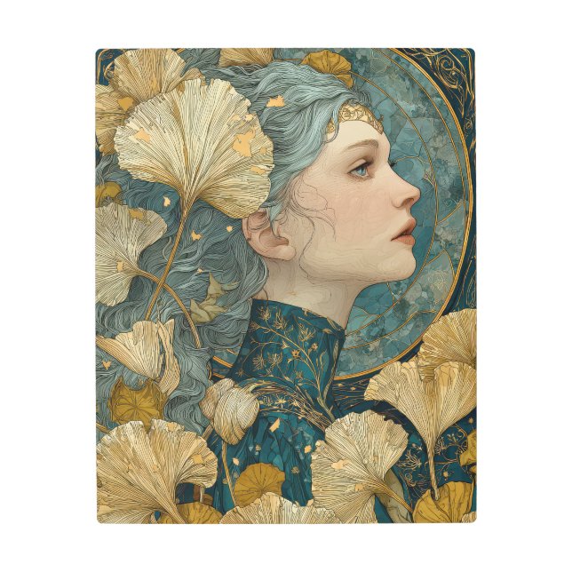 Art Nouveau Ginkgo Muse Metal Art Print (Front)