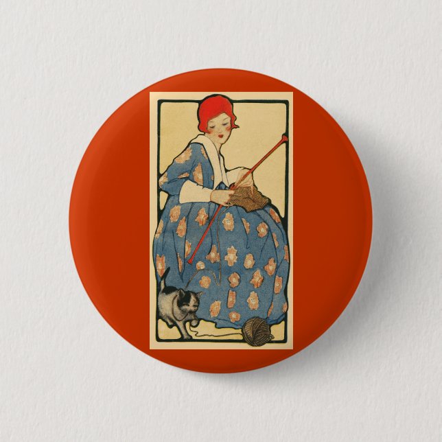 Art Nouveau -Girl knitting with her cat Button (Front)