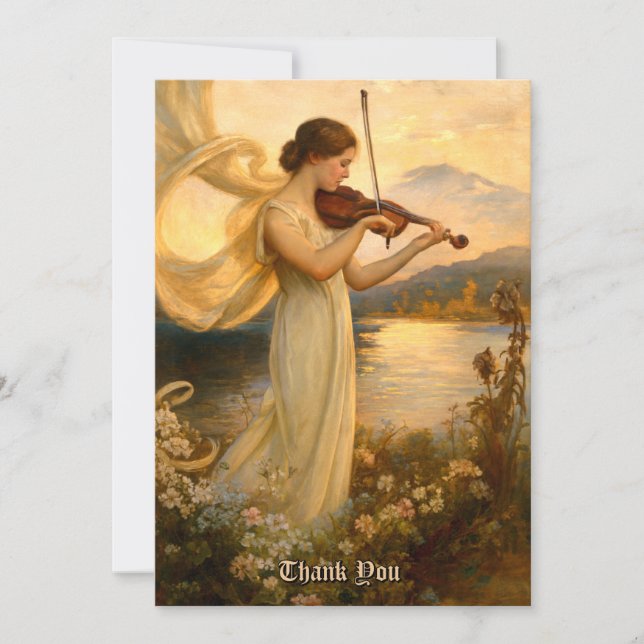 Art Nouveau Girl Playing A Violin Among Flowers Thank You Card (Front)