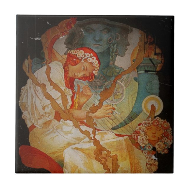Art Nouveau Girl with Harp 1903 Ceramic Tile (Front)