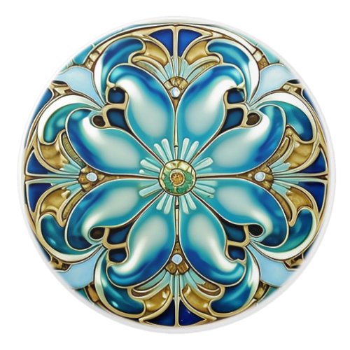 Art Nouveau Gold Aqua Blue Geometric Ceramic Knob