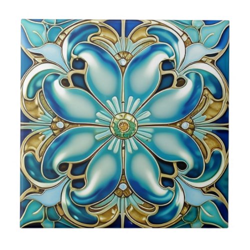 Art Nouveau Gold Aqua Blue Geometric Ceramic Tile