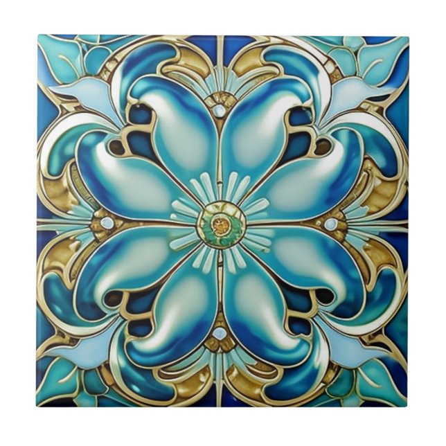 Art Nouveau Gold Aqua Blue Geometric Ceramic Tile (Front)