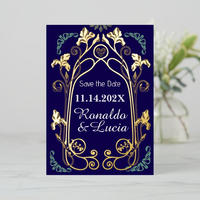 Art Nouveau Gold Blue Botanical Save the Date Foil Invitation (Standing Front)
