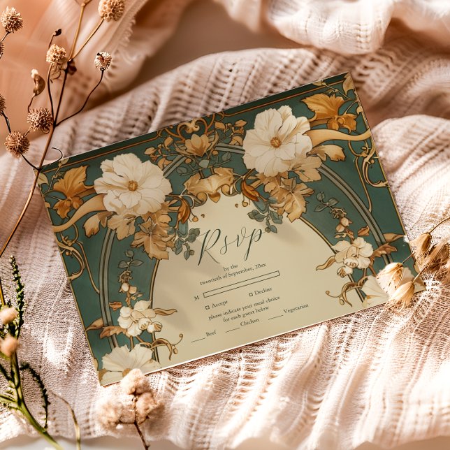 Art Nouveau Gold Botanical Arch Wedding RSVP Card (Creator Uploaded)