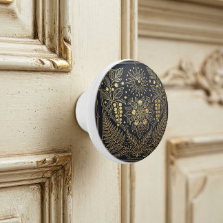 Art Nouveau Gold Botanical Celestial Illustration Ceramic Knob