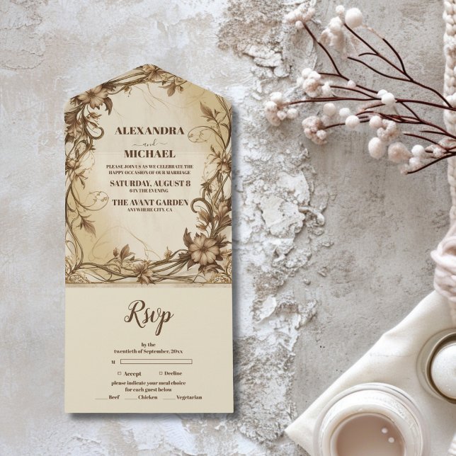 Art Nouveau Gold Botanical Wedding All In One Invitation (Creator Uploaded)