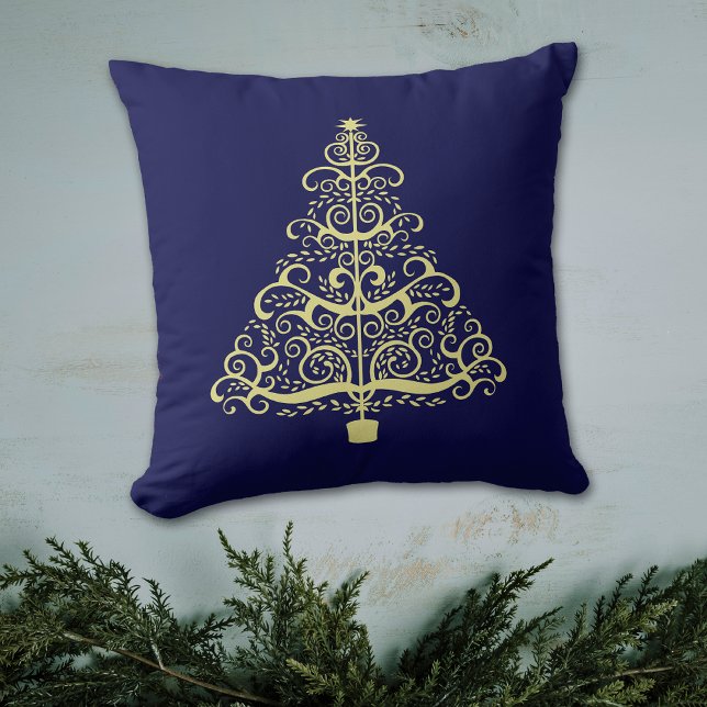 Art Nouveau Gold Christmas Tree on Blue Throw Pillow (Creator Uploaded)