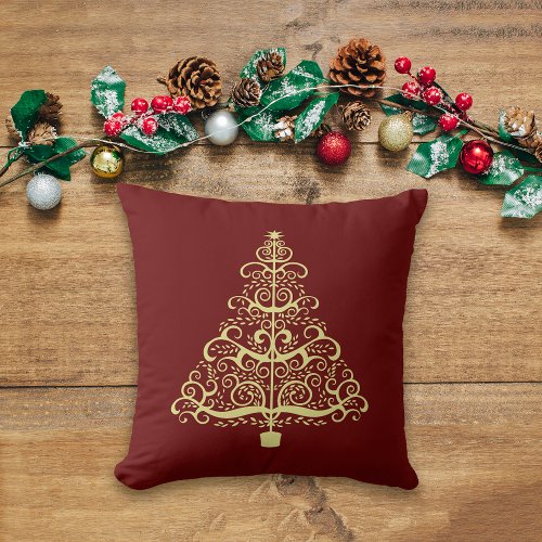 Art Nouveau Gold Christmas Tree on Maroon Throw Pillow