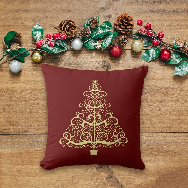 Art Nouveau Gold Christmas Tree on Maroon Throw Pillow (Creator Uploaded)