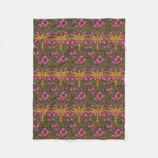 Art Nouveau gold dragonfly pink floral pattern Fleece Blanket