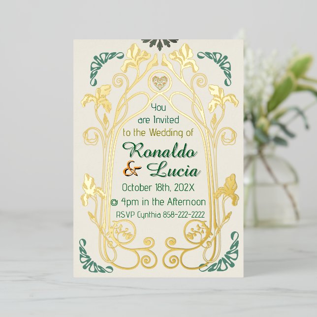 Art Nouveau Gold Green Botanical Invitation Foil Invitation (Standing Front)