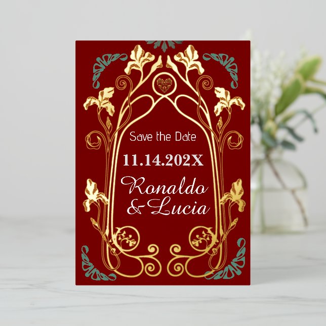 Art Nouveau Gold Green Botanical Save the Date Foil Invitation (Standing Front)