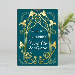 Art Nouveau Gold Green Botanical Save the Date Foil Invitation