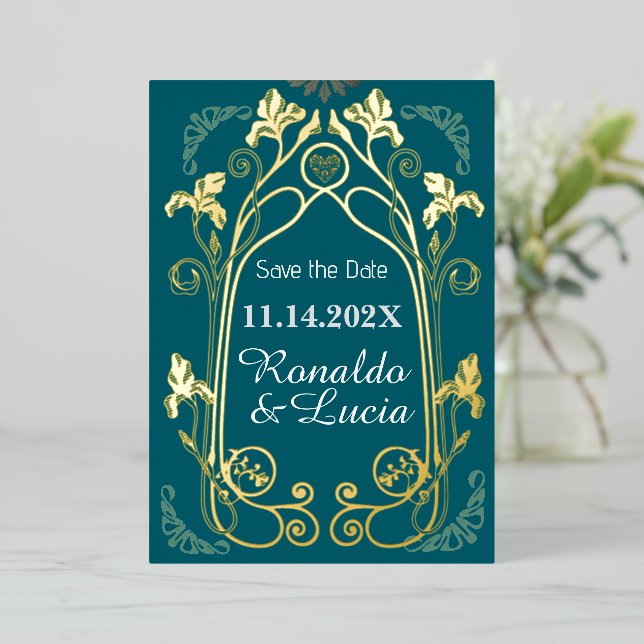 Art Nouveau Gold Green Botanical Save the Date Foil Invitation (Standing Front)