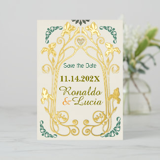 Art Nouveau Gold Green Botanical Save the Date Foil Invitation