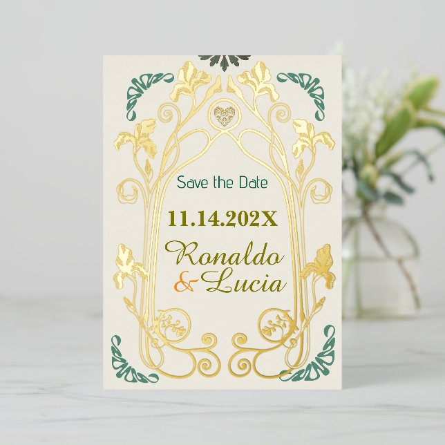 Art Nouveau Gold Green Botanical Save the Date Foil Invitation (Standing Front)