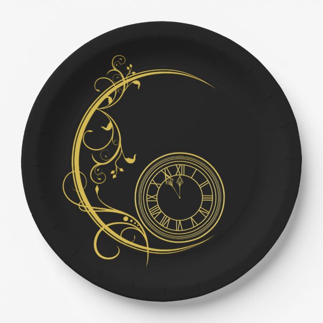 Art Nouveau Gold New Years Clock Paper Plates (Front)