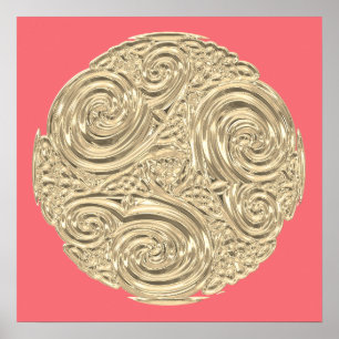 Art nouveau gold peach pink metallic look medallio poster