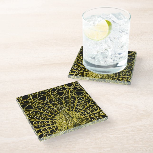 Art Nouveau Gold Peacock Glass Coaster (Angled)