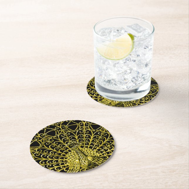 Art Nouveau Gold Peacock Round Paper Coaster (Insitu)