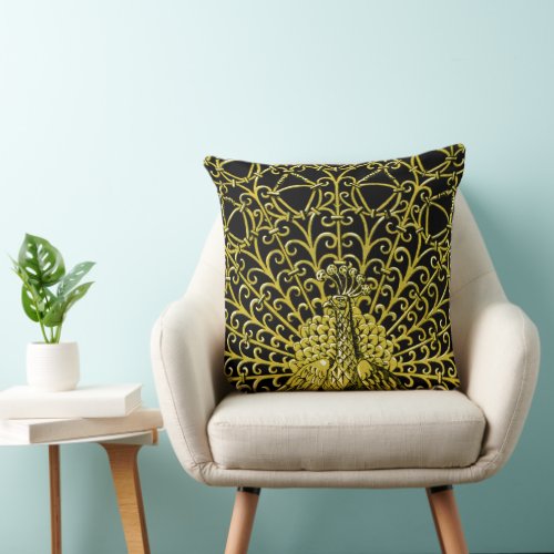 Art Nouveau Gold Peacock Throw Pillow