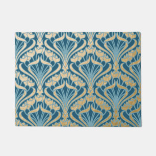 Art Nouveau,gold,teal,damask,floral,pattern,chic,V Doormat