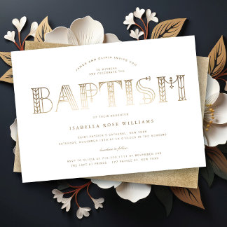 Art Nouveau Gold/White Typography Elegant Baptism Invitation