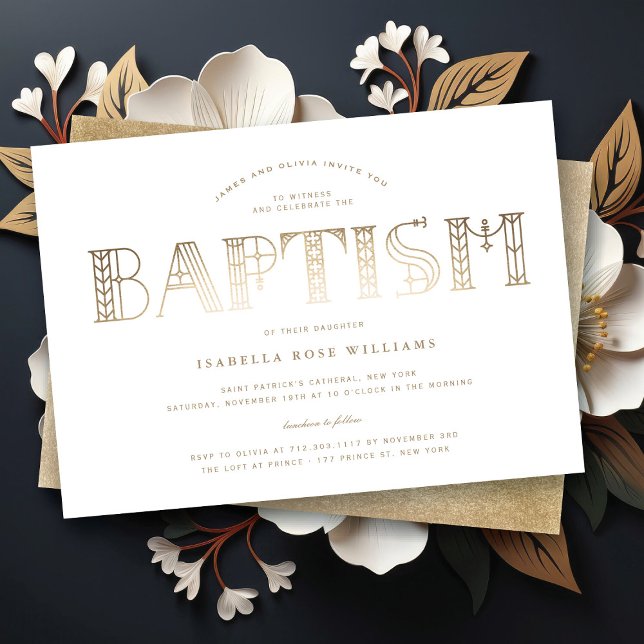 Art Nouveau Gold/White Typography Elegant Baptism Invitation (Boho Classy Gold/White Typography Elegant Baptism Religious Invitation @ fat_fa_tin)