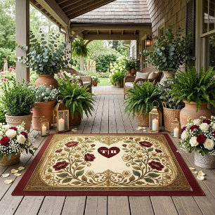 Art Nouveau Golden Burgundy Roses Monogram Wedding Outdoor Rug
