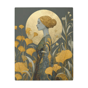 Art Nouveau Golden Ginkgo Portrait Metal Art Print