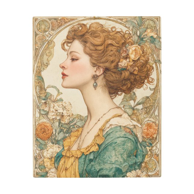 Art Nouveau Golden Rose Muse Metal Art Print (Front)
