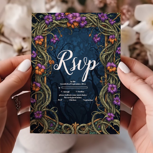 Art Nouveau Gothic Halloween Wedding RSVP Card (Creator Uploaded)