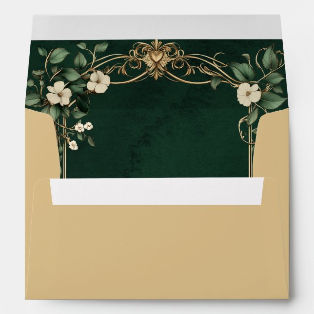 Art Nouveau green and Gold Floral Royal Wedding Envelope (Back (Bottom))