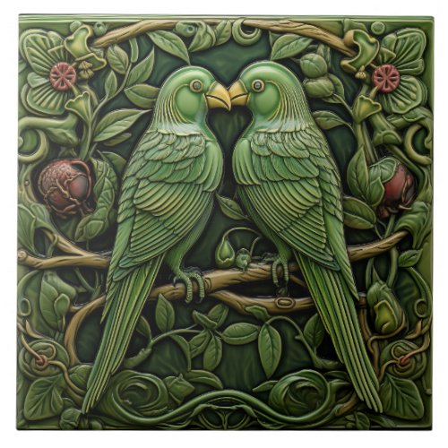 Art Nouveau Green Birds Antique Inspired Nature Ceramic Tile