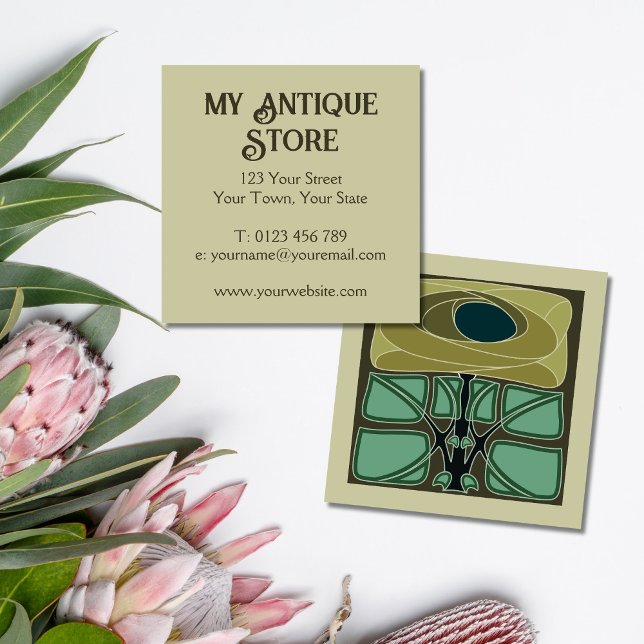 Art Nouveau Green Cream Square Business Card (Creator Uploaded)