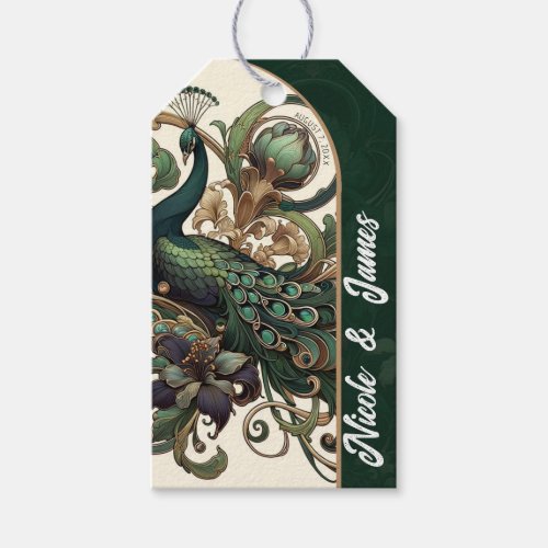 Art Nouveau Green Emerald Vintage Peacock Wedding Gift Tags